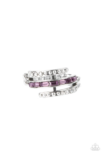 Two studded silver bars flank a dainty row of emerald cut purple rhinestones, creating the illusion of a stack of wraparound bands that make a lasting impression. Features a dainty stretchy band for a flexible fit.