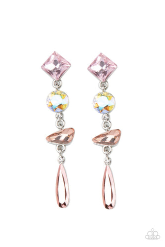 A mismatched collection of colorfully iridescent and brilliantly sparkling gems are linked together in elegant succession as they fall glamorously from the ear. Earring attaches to a standard post fitting. 