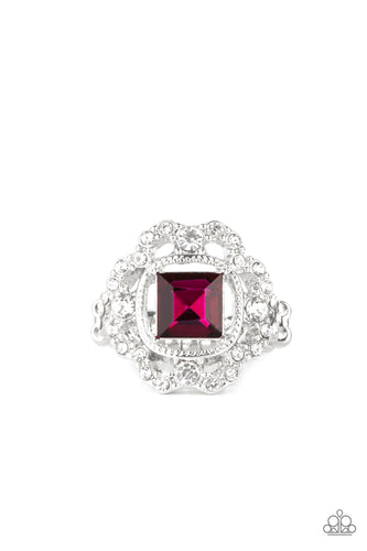 An airy flower-petal frame encrusted with brilliant white rhinestones highlights a stunning square-cut pink gem. Set in silver pronged fittings the timeless gem sits center stage creating a charismatic display atop the finger. Features a dainty stretchy band for a flexible fit. 
