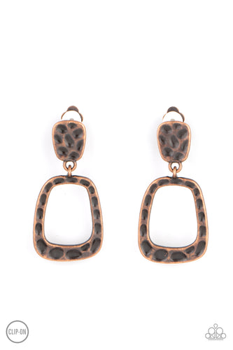 Featuring a boldly hammered antiqued copper finish, an asymmetrical open square frame is linked to a square plate and swings gently below the ear for an edgy archaic effect. Earring attaches to a standard clip-on fitting.