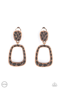 Featuring a boldly hammered antiqued copper finish, an asymmetrical open square frame is linked to a square plate and swings gently below the ear for an edgy archaic effect. Earring attaches to a standard clip-on fitting.
