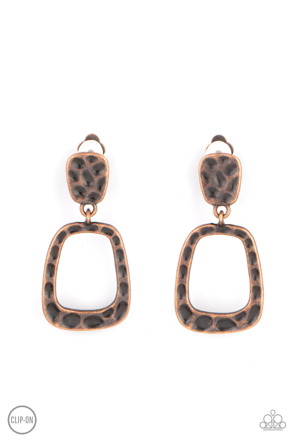 Featuring a boldly hammered antiqued copper finish, an asymmetrical open square frame is linked to a square plate and swings gently below the ear for an edgy archaic effect. Earring attaches to a standard clip-on fitting.