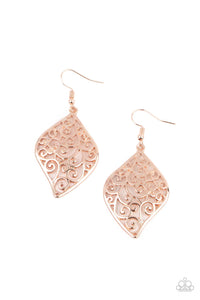 Rose gold floral filigree vines permeate a refreshing leaf-shaped frame, creating a romantically idyllic lure. Earring attaches to a standard fishhook fitting.