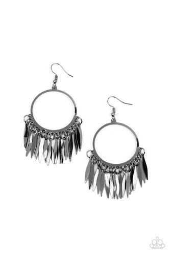Flared flat bars stream out from the bottom of a glistening gunmetal hoop, creating a radiant fringe. Earring attaches to a standard fishhook fitting