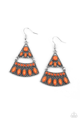 Faceted round and marquise shaped orange beads adorn the fronts of studded triangular and rectangular silver frames that link into a tribal inspired lure. Earring attaches to a standard fishhook fitting.