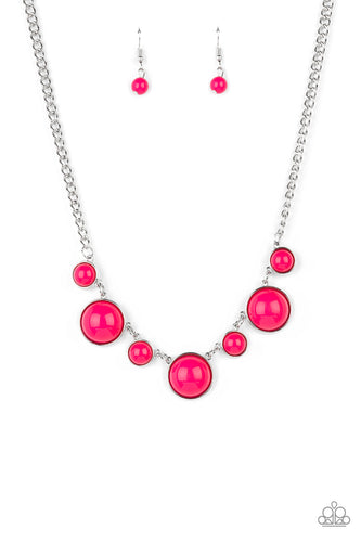 A bubbly collection of round Raspberry Sorbet beads are pressed into sleek silver fittings as they connect beneath the collar, creating a powerful pop of color. Features an adjustable clasp closure.