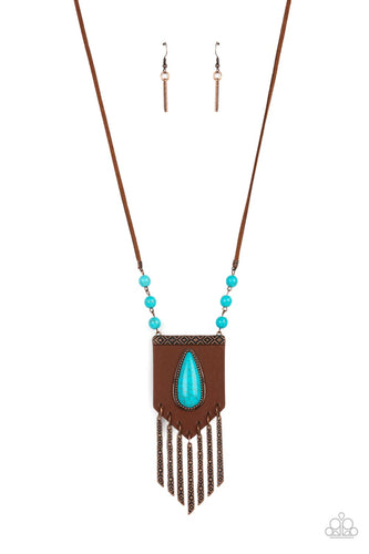 A bold blue teardrop stone encased in an antiqued copper frame is centered on a brown leather insignia-like pendant. Decorated with a copper plate embossed in geometric designs and a tinkling fringe of embossed copper plates suspended from the bottom, the pendant sways from lengthened leather cords accented with blue stone beads for an enchantingly timeless finish. Features an adjustable clasp closure.