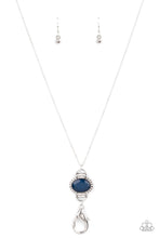 Load image into Gallery viewer, Bordered in a silver frame filled with glassy white rhinestones, a faceted Navy Blue bead creates a glamorous pendant at the bottom of a lengthened dainty silver chain.  A lobster clasp hangs from the bottom of the design to allow a name badge or other item to be attached. Features an adjustable clasp closure. 
