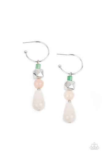 A charismatic collection of jade, pink, and white stone beads, accented with a silver faceted square bead, are threaded onto a silver pin which dangles from a dainty silver hoop.