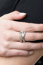 Load image into Gallery viewer,  Bands of crisscrossing shining silver bars are highlighted by a row of glittering light topaz rhinestones for a ritzy finish across the finger. Features a stretchy band for a flexible fit.
