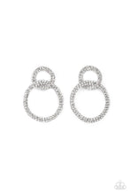 Load image into Gallery viewer, Rows of sparkly white rhinestones encircle into two interconnected hoops, creating a jaw-dropping lure. Earring attaches to a standard post fitting.  Sold as one pair of post earrings.
