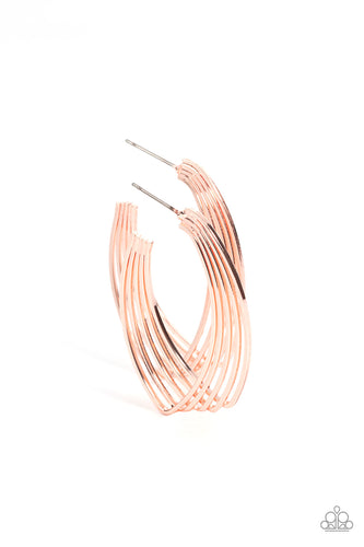 A shiny collection of dainty rose gold wires twist and layer into a hook shaped frame, creating an edgy illusion. Earring attaches to a standard post fitting. Hoop measures approximately 1
