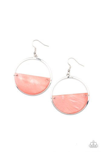 Brushed in an iridescent shimmer, a Burnt Coral half moon shell attaches to the bottom of a flat silver hoop for a summery splash of color. Earring attaches to a standard fishhook fitting.