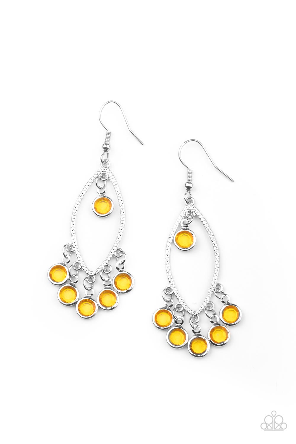 Glassy golden yellow gems dangle from the top and bottom of a textured silver marquise frame, creating a glamorous fringe. Earring attaches to a standard fishhook fitting.