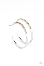 Load image into Gallery viewer, The front half of a dainty silver hoop is encrusted in an ombre of topaz rhinestones, creating a sparkly spectrum of color. Earring attaches to a standard post fitting. Hoop measures approximately 1 1/2&quot; in diameter. 
