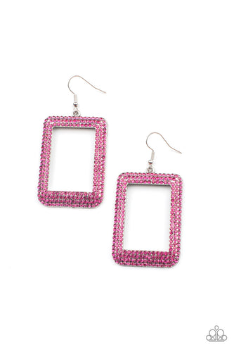 Bordered in rows of glittery pink rhinestones, an oversized silver rectangular frame swings from the ear for a fashionable finish. Earring attaches to a standard fishhook fitting.