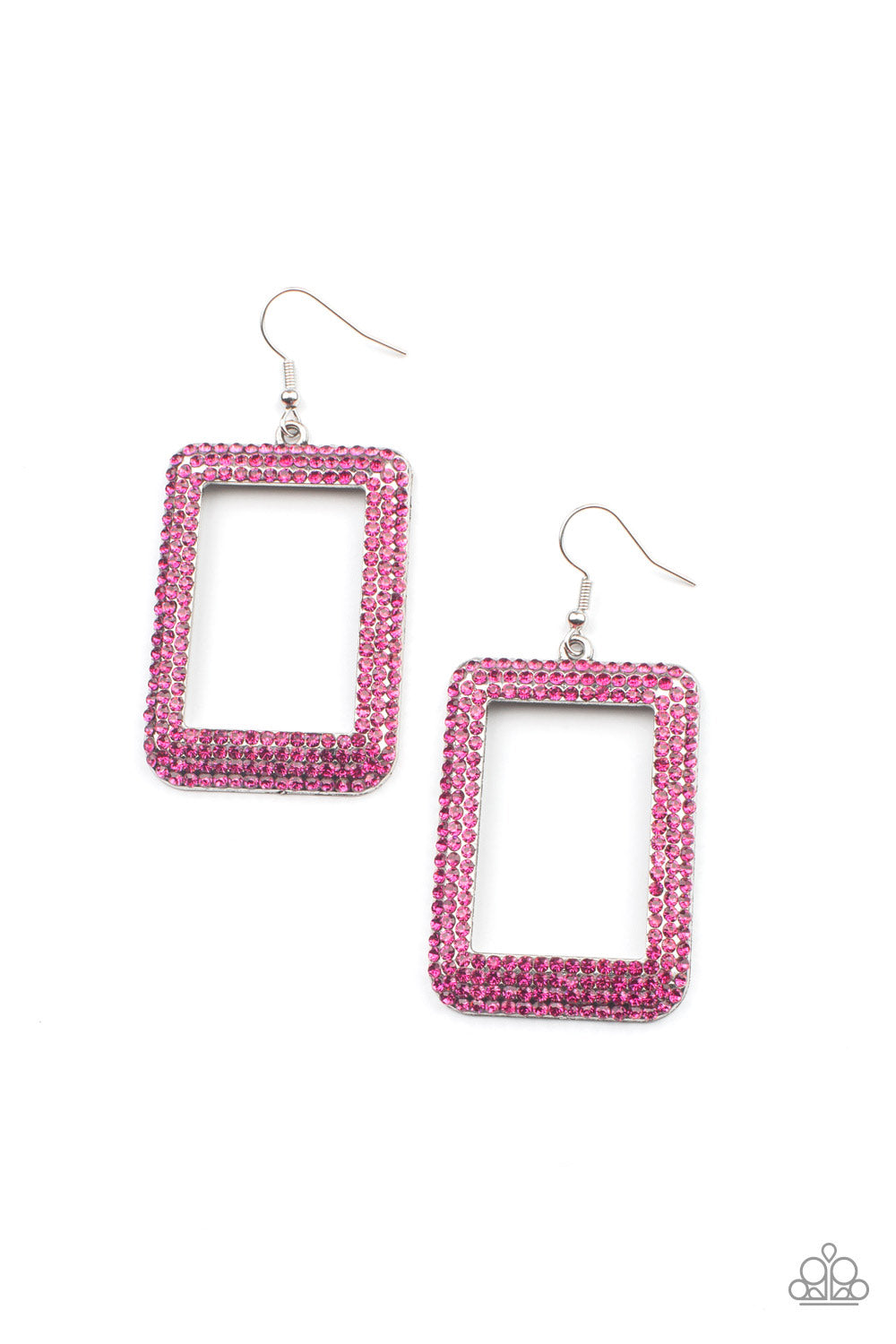 Bordered in rows of glittery pink rhinestones, an oversized silver rectangular frame swings from the ear for a fashionable finish. Earring attaches to a standard fishhook fitting.