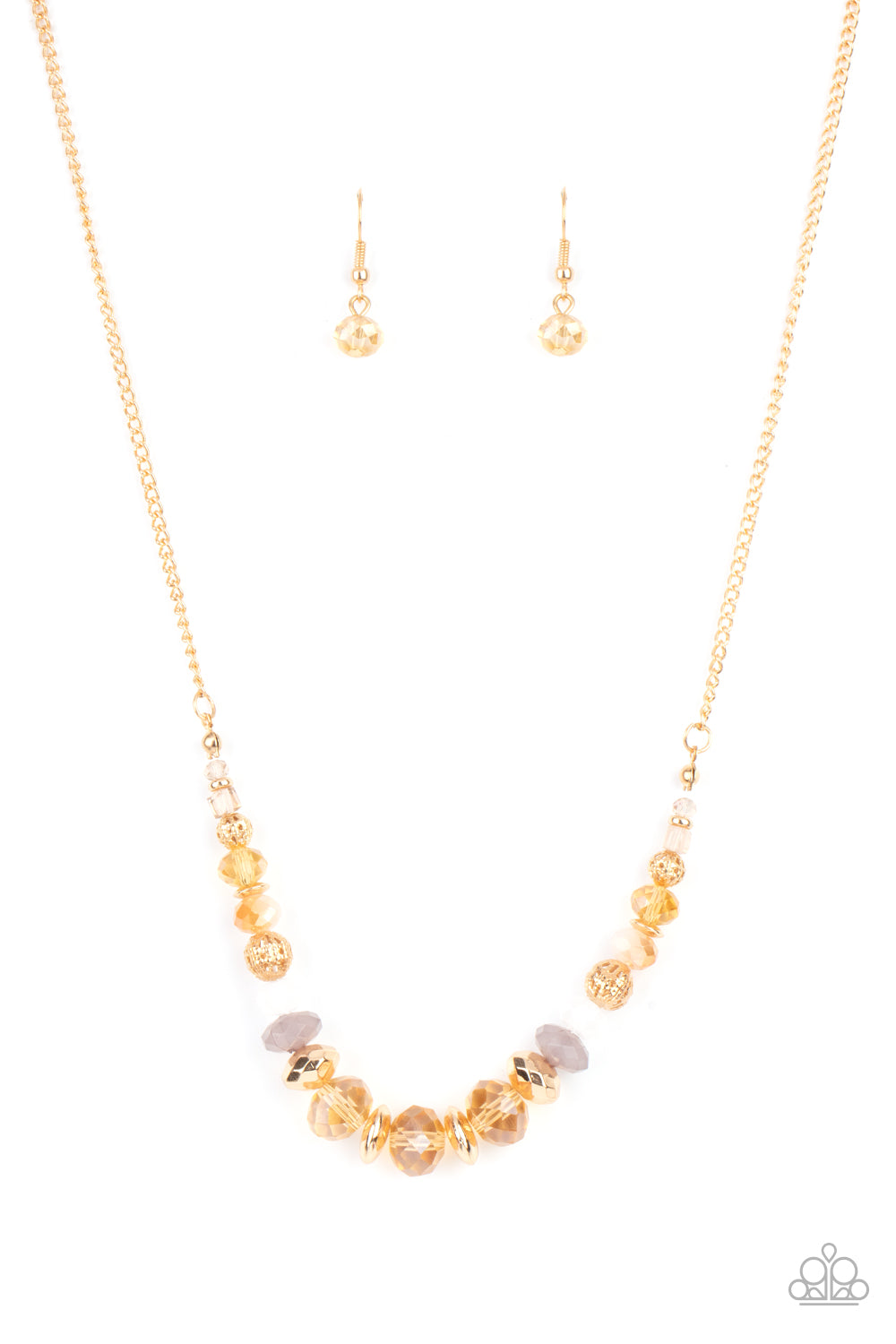 Varying in opacity, an enchanting collection of iridescent and crystal-like beads are threaded along an invisible wire that is attached to a gold chain below the collar. Mismatched gold beads and ornate gold accents are sprinkled between the glittery compilation, adding a whimsy sheen to the colorful statement piece. Features an adjustable clasp closure.