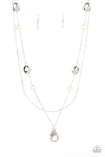 Load image into Gallery viewer, A dainty silver chain adorned in trios of iridescent flecked crystal-like beads layers with a chain dotted with matching crystal-like accents and imperfect silver and pearly white beads across the chest for a refined flair. A lobster clasp hangs from the bottom of the design to allow a name badge or other item to be attached. Features an adjustable clasp closure.  Sold as one individual lanyard. Includes one pair of matching earrings.
