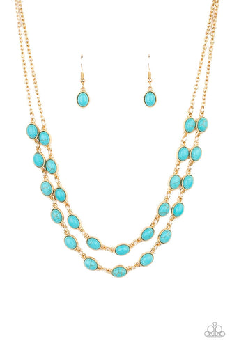 Encased in studded gold frames, two rows of oval turquoise stones delicately connect below the collar for a seasonal flair. Features an adjustable clasp closure. 