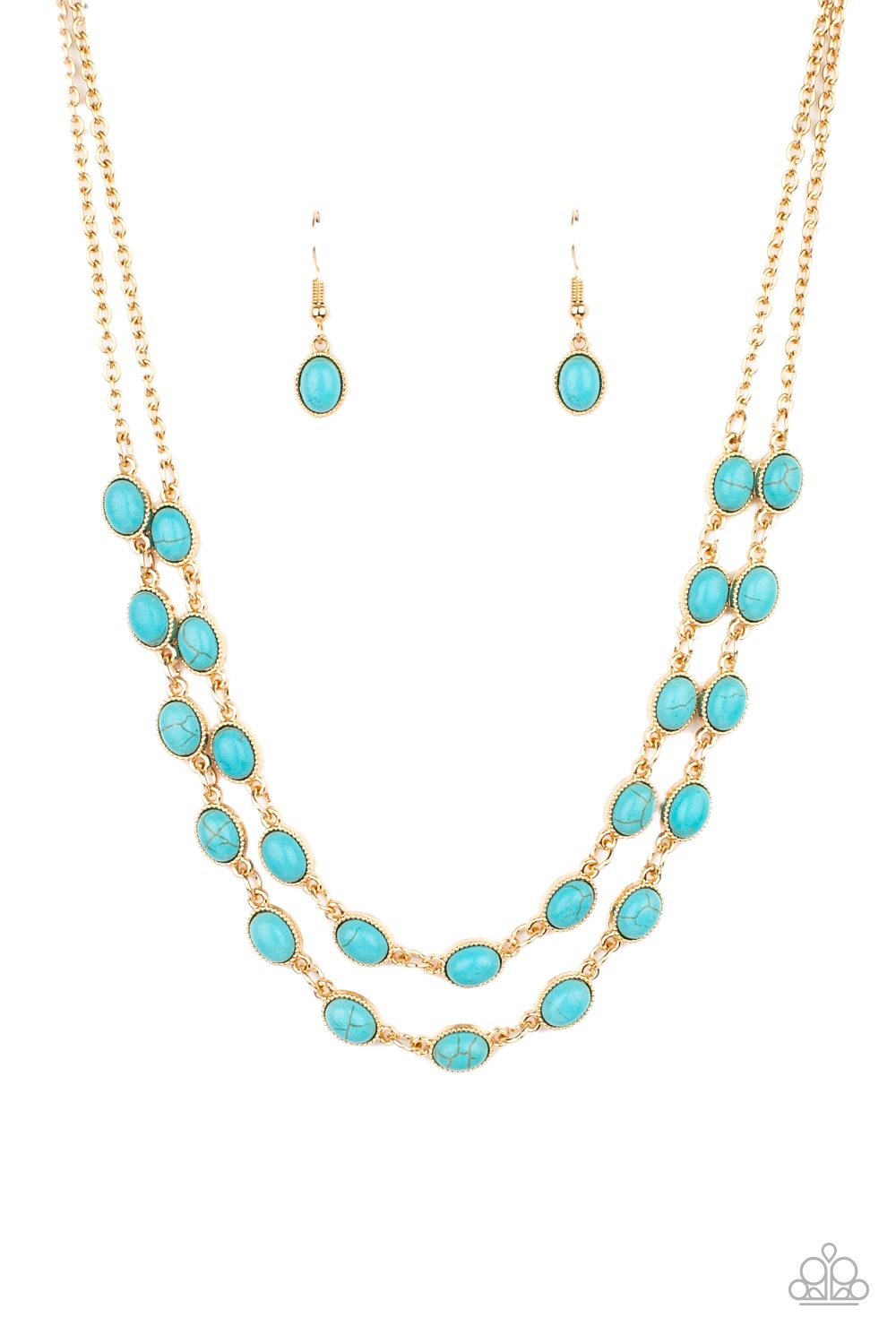 Encased in studded gold frames, two rows of oval turquoise stones delicately connect below the collar for a seasonal flair. Features an adjustable clasp closure. 