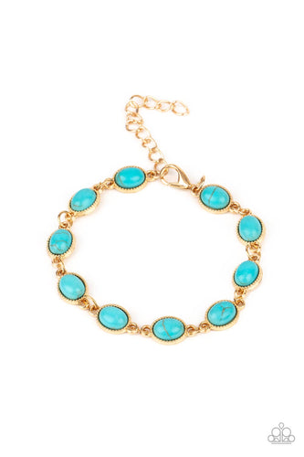 Encased in studded gold frames, oval turquoise stones delicately connect around the wrist for a seasonal flair. Features an adjustable clasp closure. 