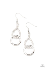 Load image into Gallery viewer, A glittery white rhinestone teardrop frame links with a shiny silver ring, creating a timeless lure. Earring attaches to a standard fishhook fitting. 
