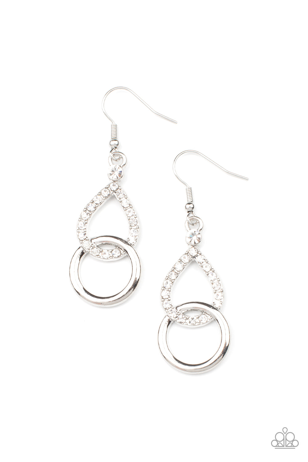 A glittery white rhinestone teardrop frame links with a shiny silver ring, creating a timeless lure. Earring attaches to a standard fishhook fitting. 