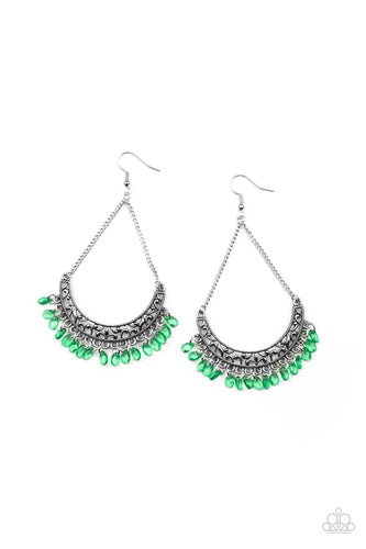 Suspended by two silver chains, a half moon silver frame filled with vine-like filigree gives way to a dainty fringe of glassy Mint teardrop beads for an enchanting fashion. Earring attaches to a standard fishhook fitting. 