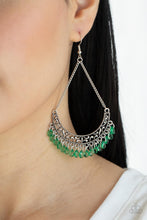 Load image into Gallery viewer, Suspended by two silver chains, a half moon silver frame filled with vine-like filigree gives way to a dainty fringe of glassy Mint teardrop beads for an enchanting fashion. Earring attaches to a standard fishhook fitting. 
