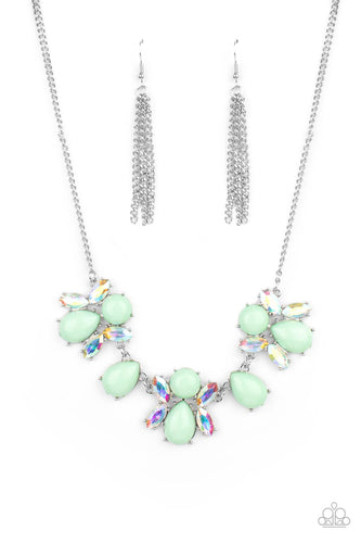 A bubbly collection of round and teardrop Green Ash beads coalesce with iridescent marquise cut rhinestones below the collar, creating a stellar centerpiece. Features an adjustable clasp closure.
