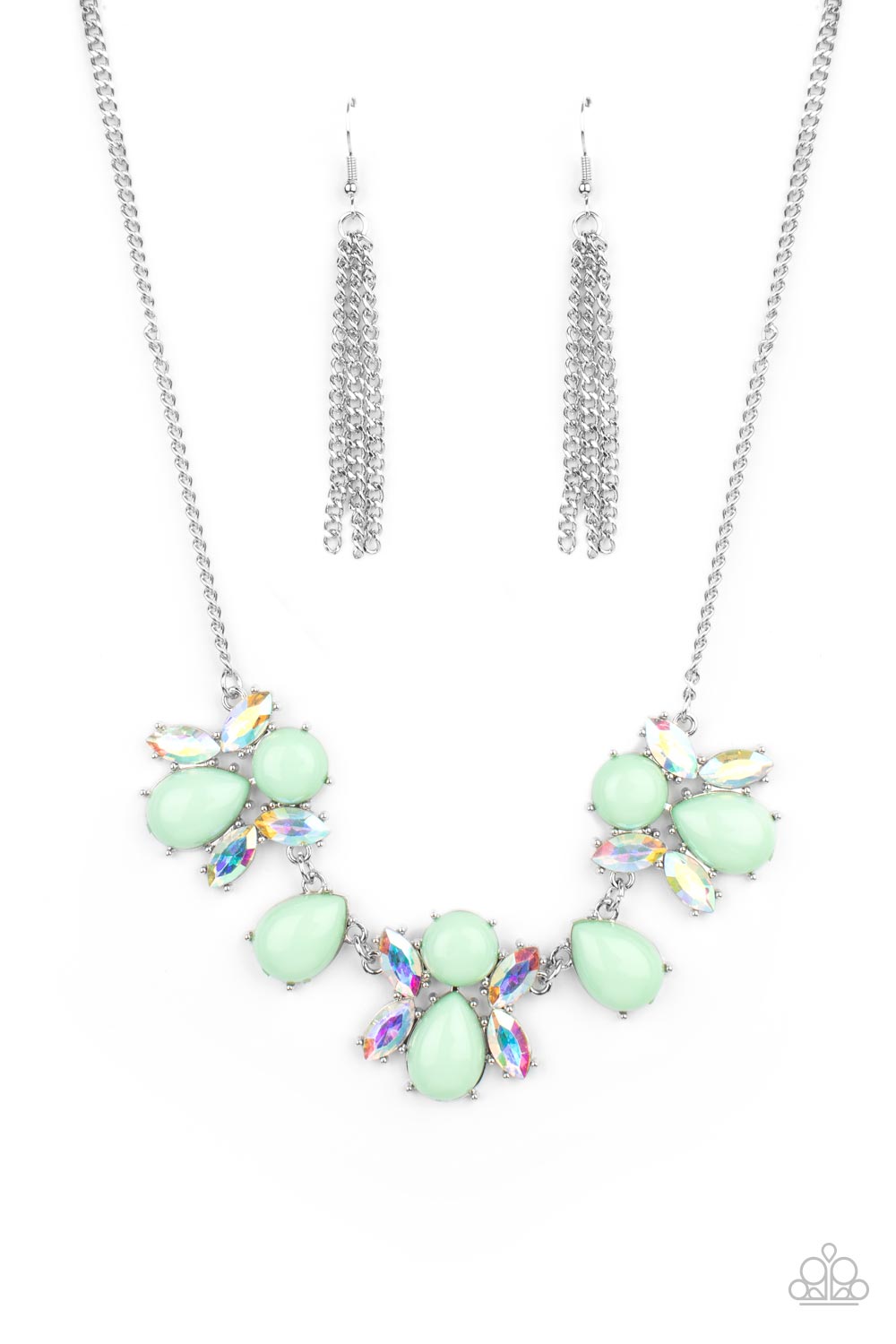A bubbly collection of round and teardrop Green Ash beads coalesce with iridescent marquise cut rhinestones below the collar, creating a stellar centerpiece. Features an adjustable clasp closure.