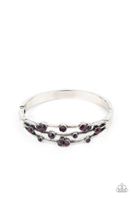 Load image into Gallery viewer, A smattering of glittery purple rhinestones adorn three silver bars that coalesce into a versatile silver cuff-like bangle around the wrist. Features a hinged closure.
