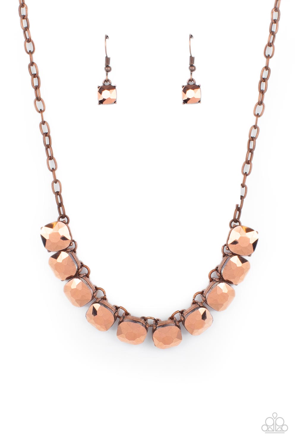 A succession of gleaming radiant-cut copper aurum gems attaches to a copper chain and falls below the collar for an edgy show-stopping display. Features an adjustable clasp closure.