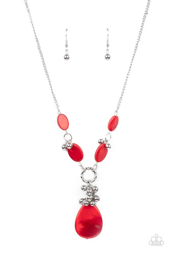 Oval red shell-like beads link with pairs of dainty silver beads below the collar. A cluster of shiny silver beads and an oversized red shell-like teardrop swings from the bottom, creating a vibrant summer inspired pendant. Features an adjustable clasp closure. 