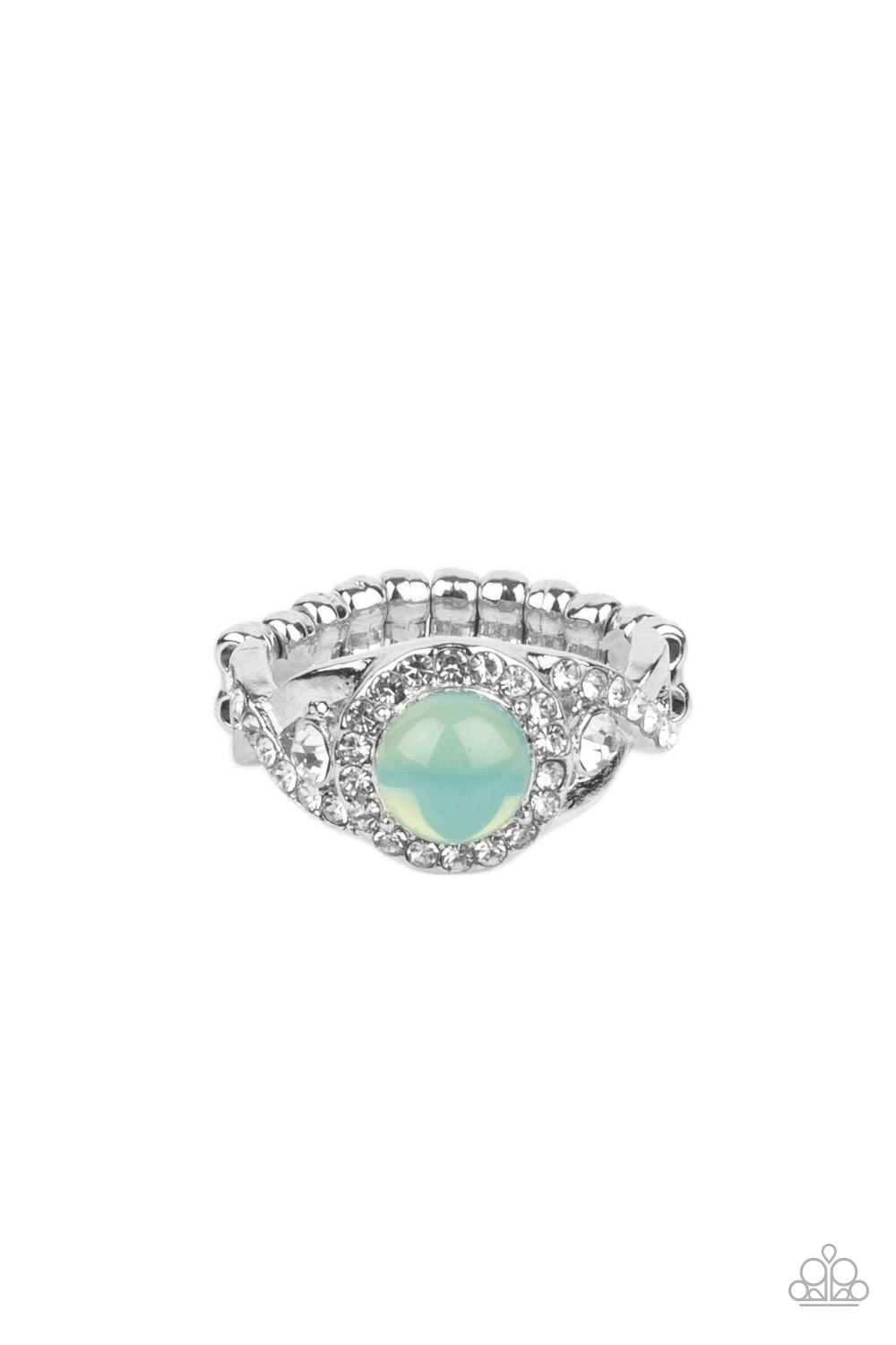 An opal green bead is pressed into the center of a ring of white rhinestones that sits atop interwoven silver bars dotted in dainty white rhinestones, creating an ethereally elegant centerpiece atop the finger. Features a dainty stretchy band for a flexible fit.
