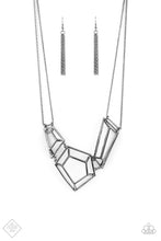 Load image into Gallery viewer, Glistening gunmetal bars connect into edgy 3-dimensional frames below the collar, creating a bold geometric statement piece. Features an adjustable clasp closure.  Sold as one individual necklace. Includes one pair of matching earrings.
