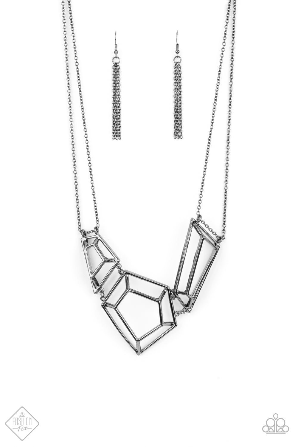 Glistening gunmetal bars connect into edgy 3-dimensional frames below the collar, creating a bold geometric statement piece. Features an adjustable clasp closure.  Sold as one individual necklace. Includes one pair of matching earrings.