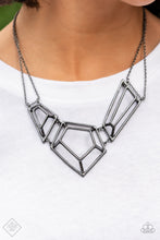 Load image into Gallery viewer, Glistening gunmetal bars connect into edgy 3-dimensional frames below the collar, creating a bold geometric statement piece. Features an adjustable clasp closure.  Sold as one individual necklace. Includes one pair of matching earrings.
