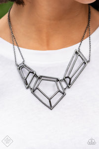 Glistening gunmetal bars connect into edgy 3-dimensional frames below the collar, creating a bold geometric statement piece. Features an adjustable clasp closure.  Sold as one individual necklace. Includes one pair of matching earrings.