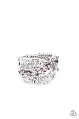 Mismatched bands of dainty silver studs, glassy white rhinestones, and marquise cut purple rhinestones delicately weave across the finger, creating an elegantly layered centerpiece. Features a stretchy band for a flexible fit.