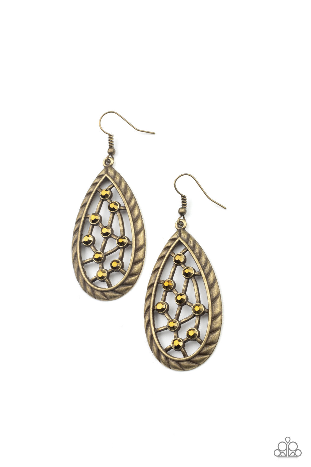 A gritty collection of dainty aurum rhinestones adorn hammered brass bars streaking across the airy center of an antiqued textured teardrop, creating a rustic fashion. Earring attaches to a standard fishhook fitting.