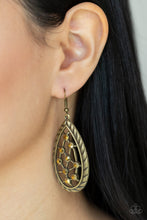 Load image into Gallery viewer, A gritty collection of dainty aurum rhinestones adorn hammered brass bars streaking across the airy center of an antiqued textured teardrop, creating a rustic fashion. Earring attaches to a standard fishhook fitting.
