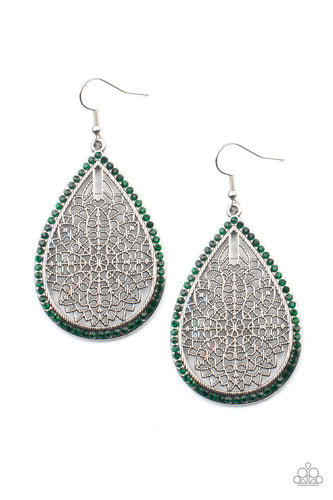 Bordered in dainty green rhinestones, the center of an oversized silver teardrop is filled with an airy floral pattern for a seasonal flair. Earring attaches to a standard fishhook fitting.