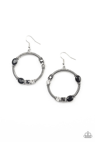 A glittery collection of black oval, square hematite and classic white rhinestones haphazardly adorn the front of a textured silver hoop, for a gritty-glamorous look. Earring attaches to standard fishhook fittings. 