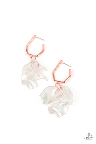 A cluster of iridescent acrylic petals swing from the bottom of a dainty shiny copper geometric hoop, creating an ethereal edge. Earring attaches to a standard post fitting. Hoop measures approximately 1