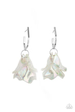 Load image into Gallery viewer, A cluster of iridescent acrylic petals swing from the bottom of a dainty silver geometric hoop, creating an ethereal edge. Earring attaches to a standard post fitting. Hoop measures approximately 1&quot; in diameter.
