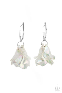 A cluster of iridescent acrylic petals swing from the bottom of a dainty silver geometric hoop, creating an ethereal edge. Earring attaches to a standard post fitting. Hoop measures approximately 1" in diameter.