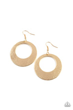 Load image into Gallery viewer, Brushed in a high sheen matte, a round gold frame is scratched in a gritty linear pattern for a rustic fashion. Earring attaches to a standard fishhook fitting.
