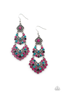 A glittery explosion of multicolored rhinestones coalesce into three sparkly frames that delicately link into a studded chandelier, creating a dramatic statement piece. Earring attaches to a standard fishhook fitting. 